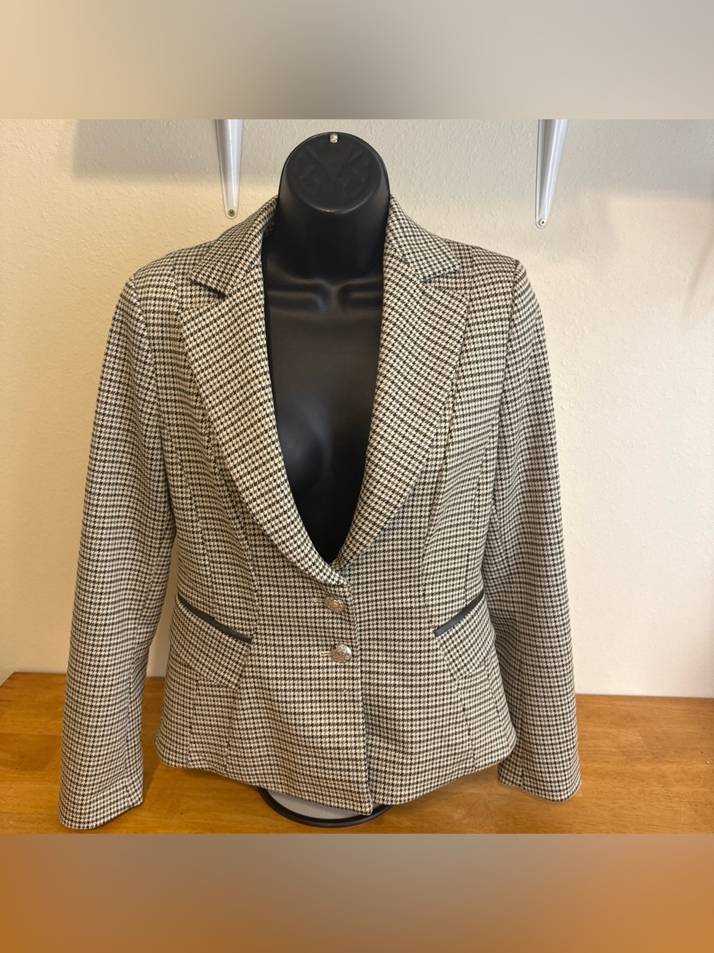 White House Black Market Suit Jacket 4 Taupe Beige Green Blazer Houndstooth